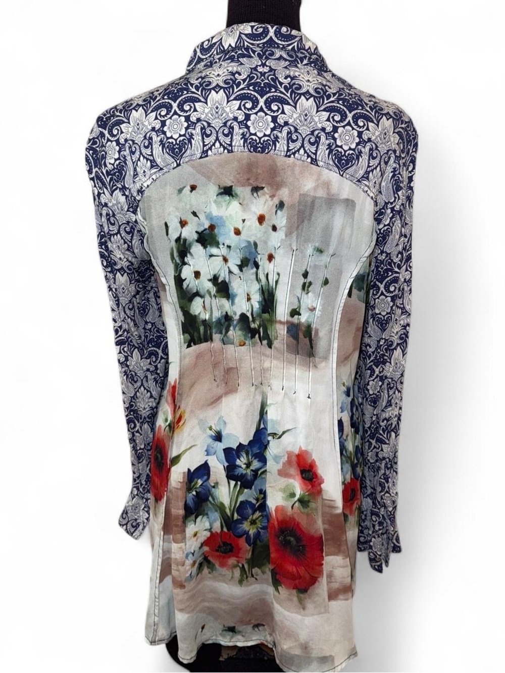 Aratta Silent Journey Damask Floral Mixed Media Button Up Tunic Top Size M